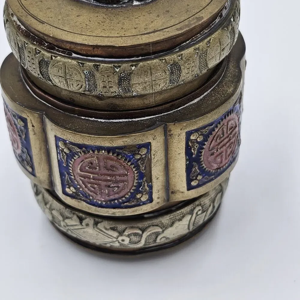 Vintage Chinese Lidded Enamel Brass Tea Caddy Snuff Jar Blue Red